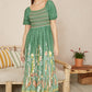 Yumi Green Ruched Leaf Print Maxi Dress With Puff Sleeves