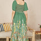 Yumi Green Ruched Leaf Print Maxi Dress With Puff Sleeves
