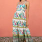 Yumi White Floral Block Print Tiered Maxi Sun Dress