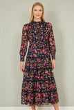 Yumi Navy Blossom Print Maxi Dress With Long Sleeves and Lace Trims