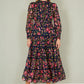 Yumi Navy Blossom Print Maxi Dress With Long Sleeves and Lace Trims