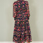 Yumi Navy Blossom Print Maxi Dress With Long Sleeves and Lace Trims