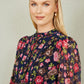 Yumi Navy Blossom Print Maxi Dress With Long Sleeves and Lace Trims