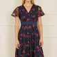 Yumi Navy Embroidered Floral Mesh Wrap Midi Skater Dress