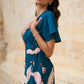 Yumi Teal Recycled Fabric Crane Print Kimono Midi Dress