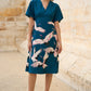 Yumi Teal Recycled Fabric Crane Print Kimono Midi Dress