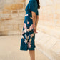 Yumi Teal Recycled Fabric Crane Print Kimono Midi Dress