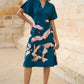 Yumi Teal Recycled Fabric Crane Print Kimono Midi Dress