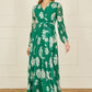 Yumi Green Floral Pleated Midi Wrap Long Sleeve Dress