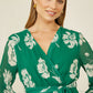 Yumi Green Floral Pleated Midi Wrap Long Sleeve Dress