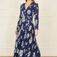 Yumi Navy Floral Pleated Midi Wrap Long Sleeve Dress