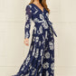 Yumi Navy Floral Pleated Midi Wrap Long Sleeve Dress