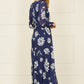 Yumi Navy Floral Pleated Midi Wrap Long Sleeve Dress