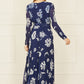 Yumi Navy Floral Pleated Midi Wrap Long Sleeve Dress
