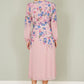 Yumi Pink Floral Placement Button Down Midi Dress With Long Sleeves