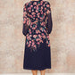 Yumi Navy Button Up  Midi Dress With Floral Placement And Long Sleeves