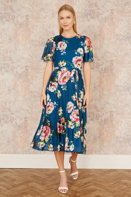 Yumi Green Mesh Floral Midi Dress With Angel Sleeves