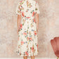 Yumi Ivory Mesh Floral Print Midi Dress With Angel Sleeves