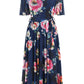 Yumi Navy Mesh Floral Print Midi Dress With Angel Sleeves