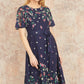 Yumi Navy Daisy Mirror Placement Skater Dress With Angel Sleeves