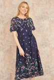 Yumi Navy Daisy Mirror Placement Skater Dress With Angel Sleeves