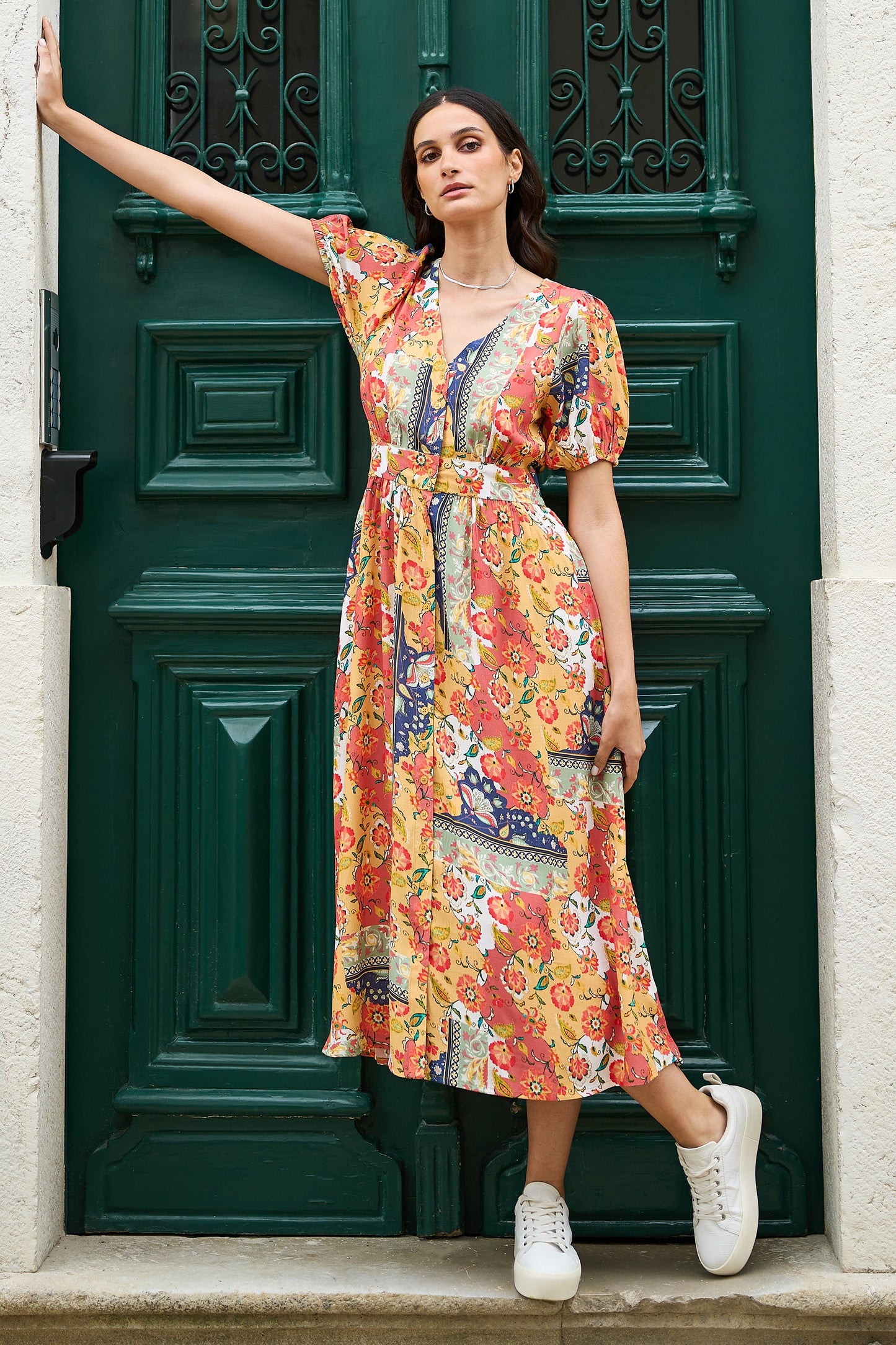 Yumi Multicolour Floral Patchwork Print Midi Shirt Dress
