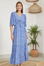 Yumi Blue Aztec Print Maxi Dress With Cross Over Back