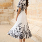 Yumi White Mirror Floral Design Pleated Midi Dress