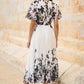 Yumi White Mirror Floral Design Pleated Midi Dress