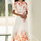 Yumi White Mirror Floral Design Pleated Midi Dress
