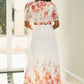 Yumi White Mirror Floral Design Pleated Midi Dress