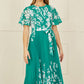 Yumi Green Mirror Floral Design Pleated Midi Dress