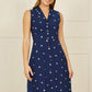 Yumi Navy Daisy Print Embroidered Sleeveless Shirt Dress