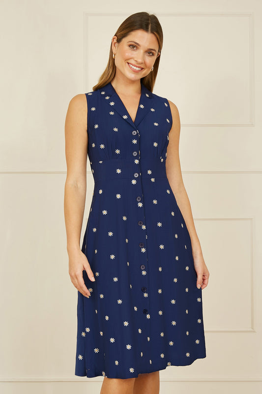 Yumi Navy Daisy Print Embroidered Sleeveless Shirt Dress