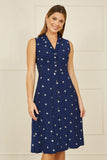 Yumi Navy Daisy Print Embroidered Sleeveless Shirt Dress