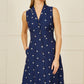 Yumi Navy Daisy Print Embroidered Sleeveless Shirt Dress