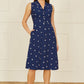 Yumi Navy Daisy Print Embroidered Sleeveless Shirt Dress