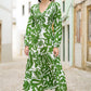Yumi Green Abstract Print Ruched Midi Dress With Long Sleeves