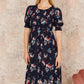 Yumi Navy Recycled Floral Ruched Midi Dress With Puff Sleeves