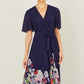 Yumi Navy Mesh Wrap Midi Dress With Floral Hem Border