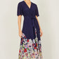 Yumi Navy Mesh Wrap Midi Dress With Floral Hem Border