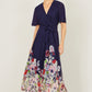 Yumi Navy Mesh Wrap Midi Dress With Floral Hem Border
