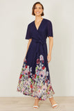 Yumi Navy Mesh Wrap Midi Dress With Floral Hem Border