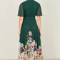 Yumi Green Mesh Wrap Midi Dress With Floral Hem Border