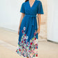 Yumi Teal Mesh Wrap Midi Dress With Floral Hem Border