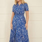Yumi Blue Leaf Print Dip Hem Midi Shirt Dress