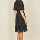 Yumi Navy Dot Print Mesh Stretch Midi Skater Dress