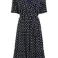 Yumi Navy Dot Print Mesh Stretch Midi Skater Dress