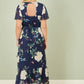 Yumi Navy Mesh Bird And Floral Print Midi Dress With Ruffles