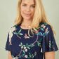 Yumi Navy Mesh Bird And Floral Print Midi Dress With Ruffles